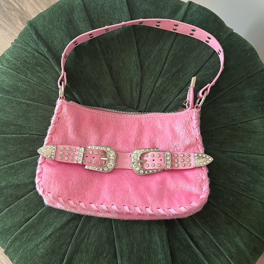 Pink fuzzy studded rhinestone buckle mini bag